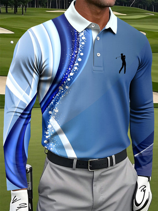 Ανδρικά Αφηρημένη γραμμή κύμα τέχνης Εκτύπωση περιστασιακή επιχείρηση μακριά μανίκι Polo πουκάμιση