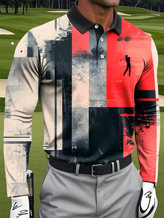 Ανδρικά γεωμετρικά πολύχρωμο μελάνι τέχνη Εκτύπωση περιστασιακή επιχείρηση μακριά μανίκι Polo πουκάμιση