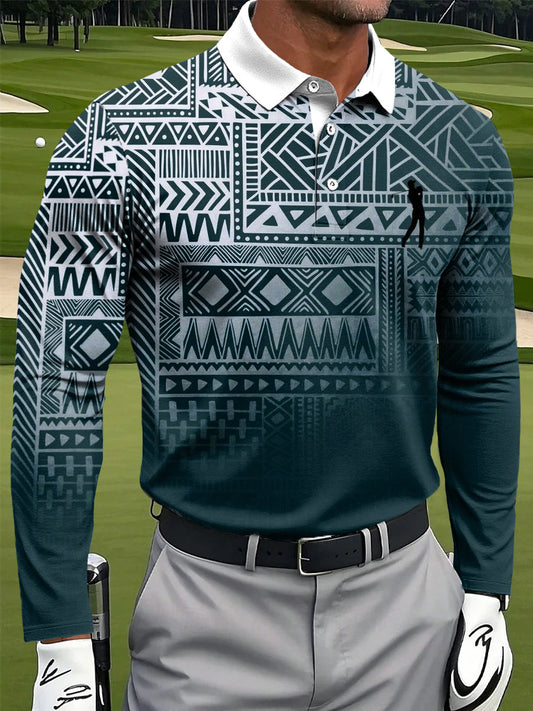 Ανδρική Retro Gradient Ethnic γεωμετρική τέχνη Εκτύπωση περιστασιακή επιχείρηση μακριά μανίκι Polo πουκάμιση