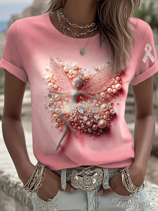 Γυναικείο μαργαριτάρι Rhinestone Τυπωμένα Καθαρό T-shirt
