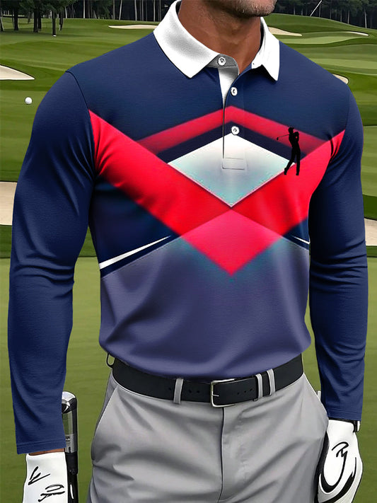 Ανδρικά Retro ριγέ γεωμετρική τέχνη Εκτύπωση περιστασιακή μακριά μανίκι Polo πουκάμιση