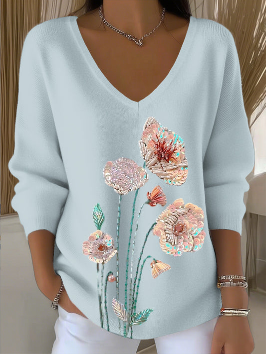 Γυναικείο Vintage Sequin ανθισμένη τέχνη V-Neck κορυφαίο