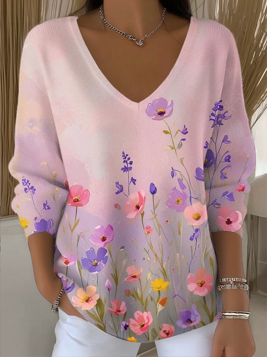 Γυναικείο Vintage ρομαντική τέχνη ανθοπωλείο V-Neck κορυφαίο