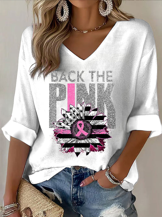 Γυναικείο καρκίνο του μαστού ευαισθητοποίηση κορδέλα περιστασιακό V-Neck top.