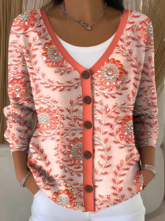 Γυναικείο Vintage Rhinestone Ανθισμένο V-Neck πλεκτά