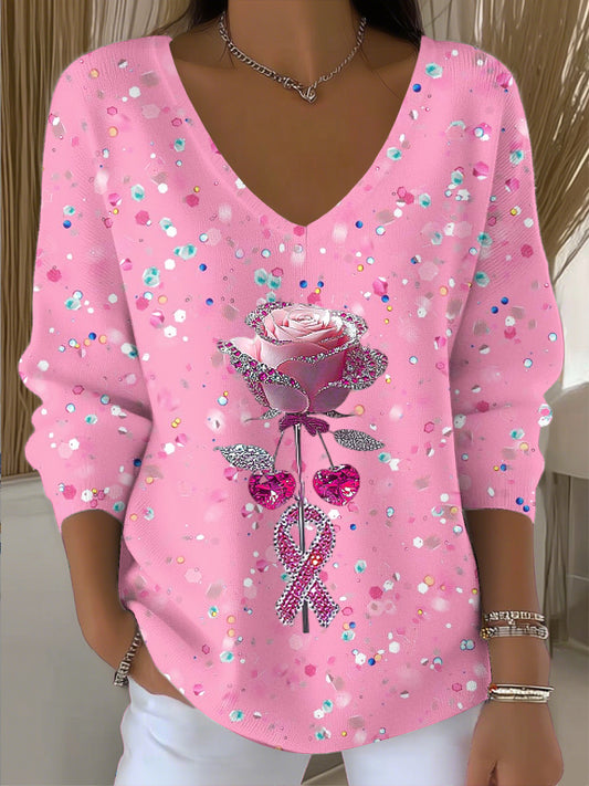 Γυναικείο Vintage ροζ πόσον ανθισμένη τέχνη V-λαιμό κορυφαίο