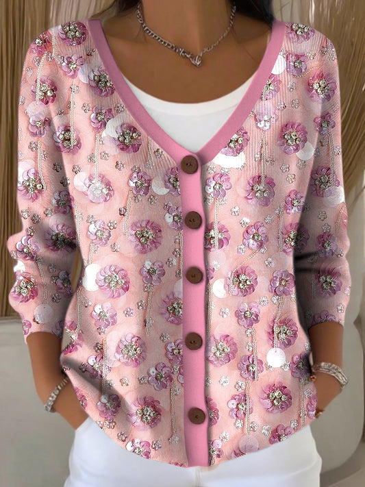 Γυναικείο Vintage πούλια ανθέων V-λαιμό πλεκτά