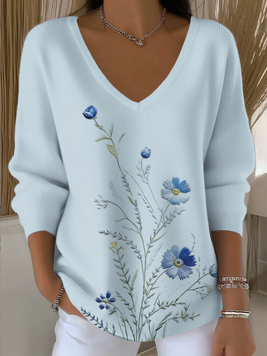 Γυναικείο Vintage Daisy Floral τέχνη V-Neck top.