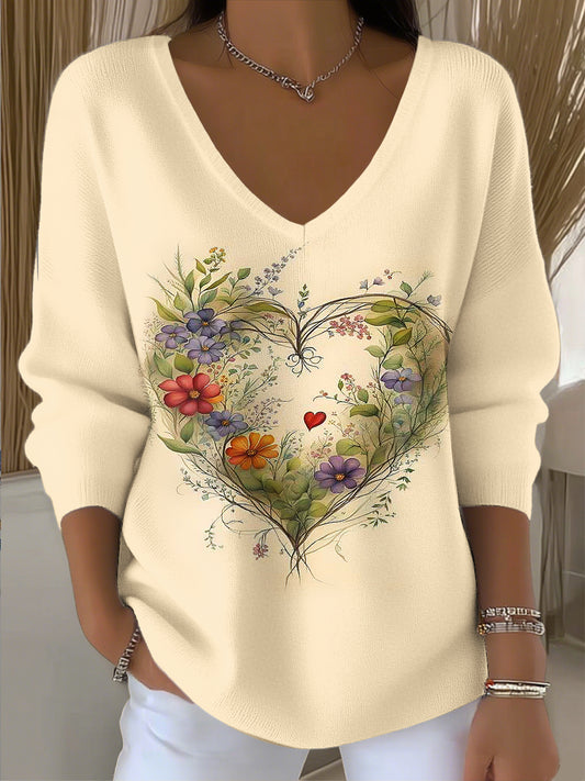 Γυναικείο Vintage καρδιά λουλούδια τέχνη V-λαιμό κορυφαίο