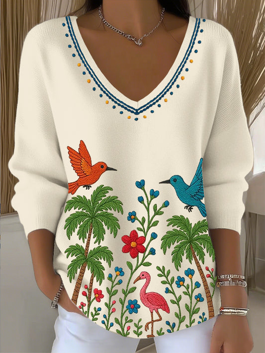 Γυναικείο Vintage Κολυμπίρι ανθρακική τέχνη V-λαιμό κορυφαίο