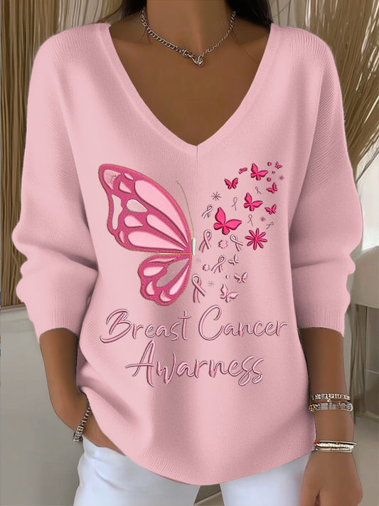 Γυναικείο Vintage ροζ πεταλούδα τέχνη V-λαιμό κορυφαίο