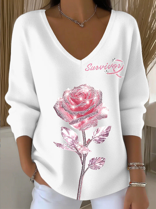 Γυναικείο Vintage ροζ τριαντάφυλλο Τέχνη V-Neck κορυφαίο