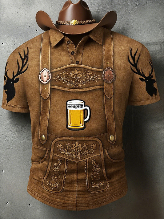 Vintage ανδρών Oktoberfest Deerskin τέχνη εκτύπωση μανίκι Polo πουκάμιση