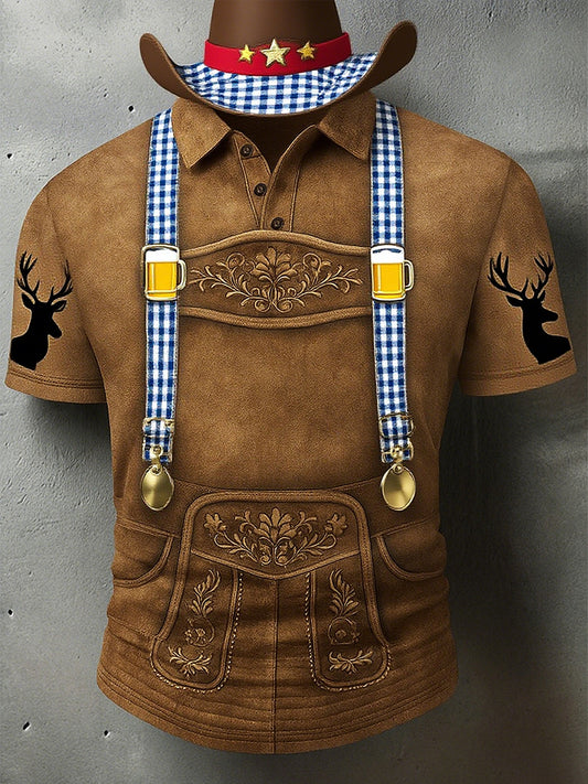 Vintage ανδρών Oktoberfest Deerskin τέχνη εκτύπωση μανίκι Polo πουκάμιση