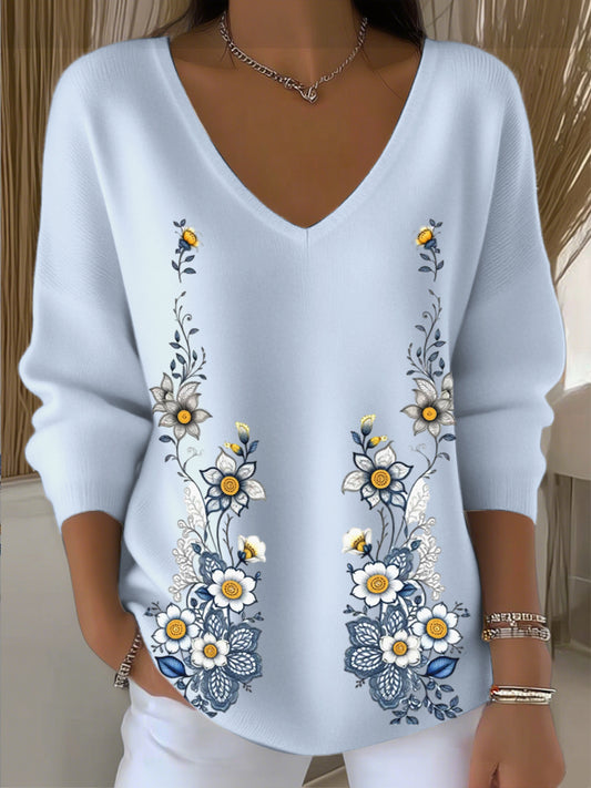 Γυναικείο ύφος ανθισμένο ρετρό κέντημα V-λαιμό πουλόβερ στυλ