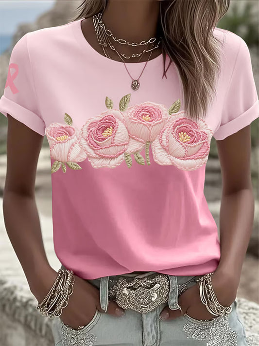 Γυναικείο Retro ροζ εκτύπωση άνετο Casual T-shirt