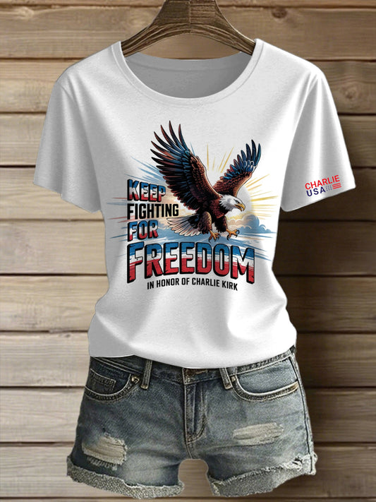 Γυναικεία ελευθερία τυπωμένο Vintage μόδα χαλαρό κοντό μανίκι T-Shirt