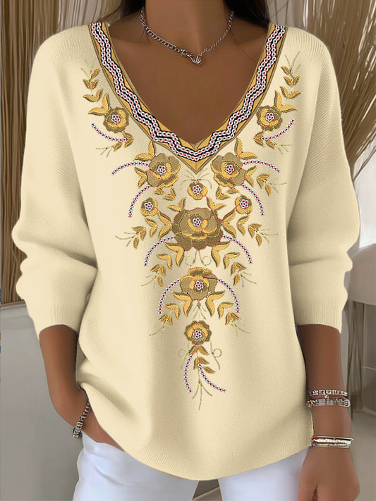 Γυναικείο Vintage Εθνική Ανθιστική Τέχνη V-Neck κορυφαίο