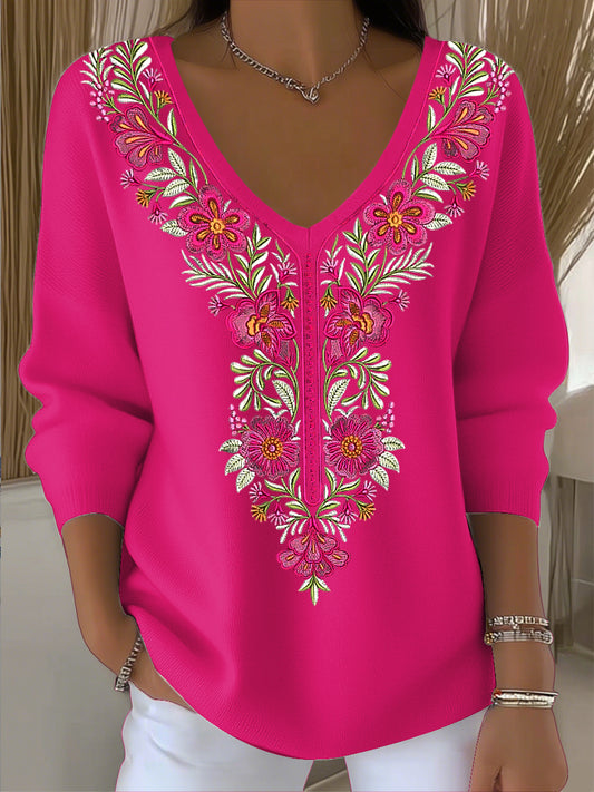Γυναικείο Vintage Floral τέχνη V-Neck top.