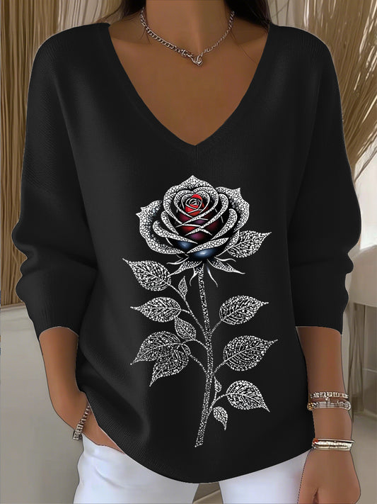 Γυναικείο Vintage Rose Rhinestone τέχνη V-Neck κορυφαίο