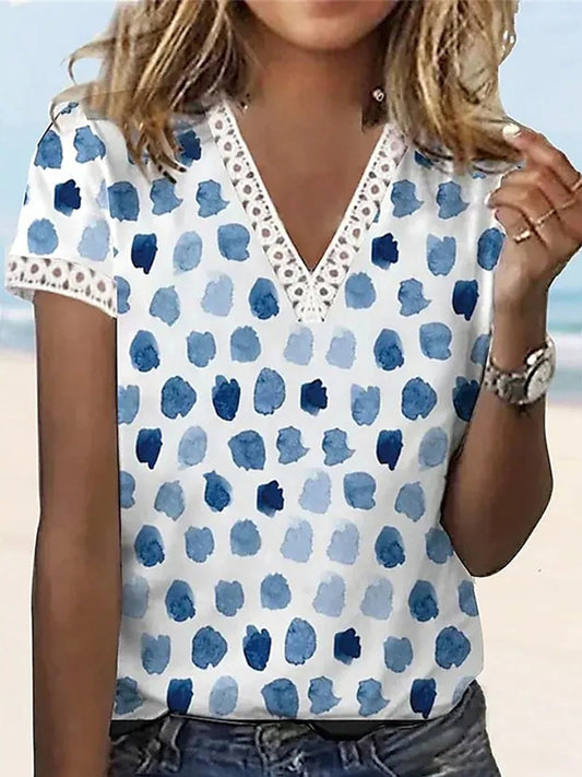 Γυναικείο περιστατικό V-Neck Polka Dot εκτύπωση κοντομάνικο κορυφαίο T-Shirt