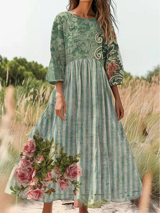 Retro Boho Floral Εκτύπωση Vintage Chic στρογγυλό λαιμό βαμβάκι μακρύ μανίκι φόρεμα Midi