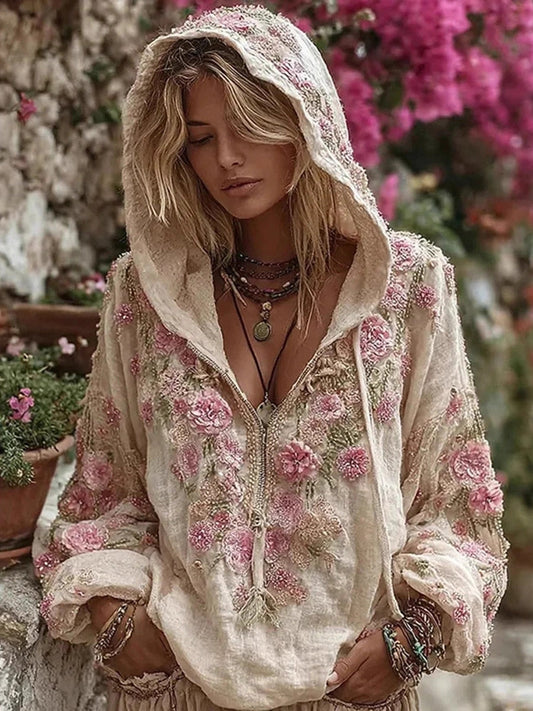 Γυναικείο Vintage Floral εκτύπωση φερμουάρ άνεση με κουκουλοφόρο