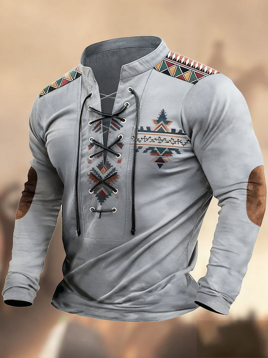 Vintage δυτική τέχνη εκτύπωση χώρα στυλ V-Neck Henley μακριά μανίκι πουκάμισα