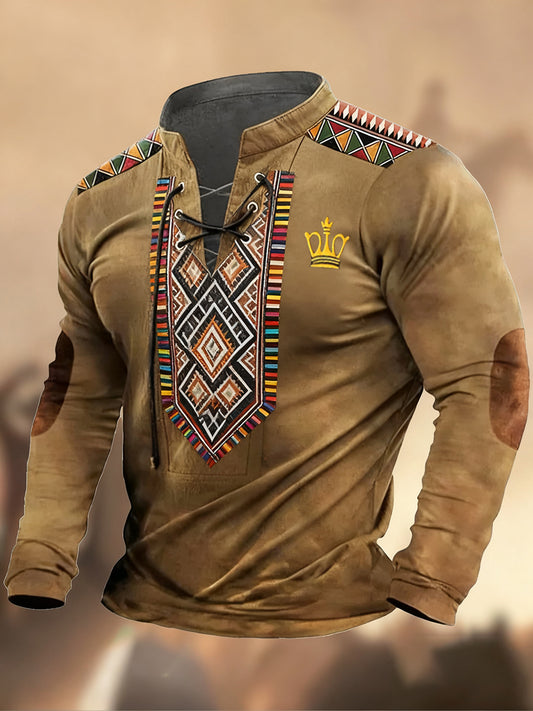 Vintage δυτική τέχνη εκτύπωση χώρα στυλ V-Neck Henley μακριά μανίκι πουκάμισα