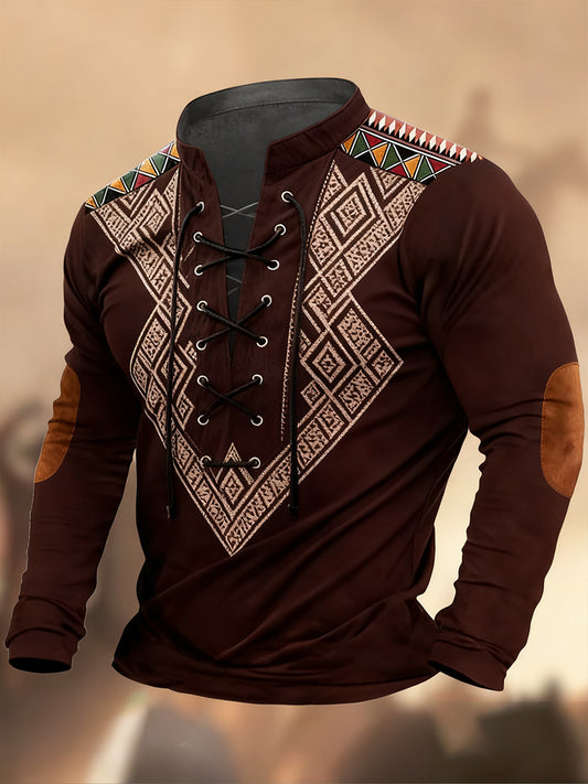 Vintage δυτική τέχνη εκτύπωση χώρα στυλ V-Neck Henley μακριά μανίκι πουκάμισα