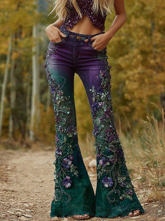 Γυναικεία ανθοπωλεία τέχνη Denim φωτιά παντελόνια