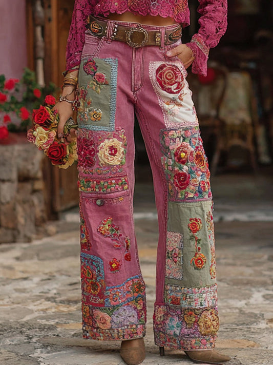 Γυναικεία ανθοπωλεία τέχνη Denim φωτιά παντελόνια