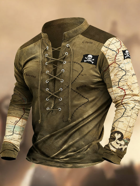 Vintage δυτική τέχνη εκτύπωση χώρα στυλ V-Neck Henley μακριά μανίκι πουκάμισα