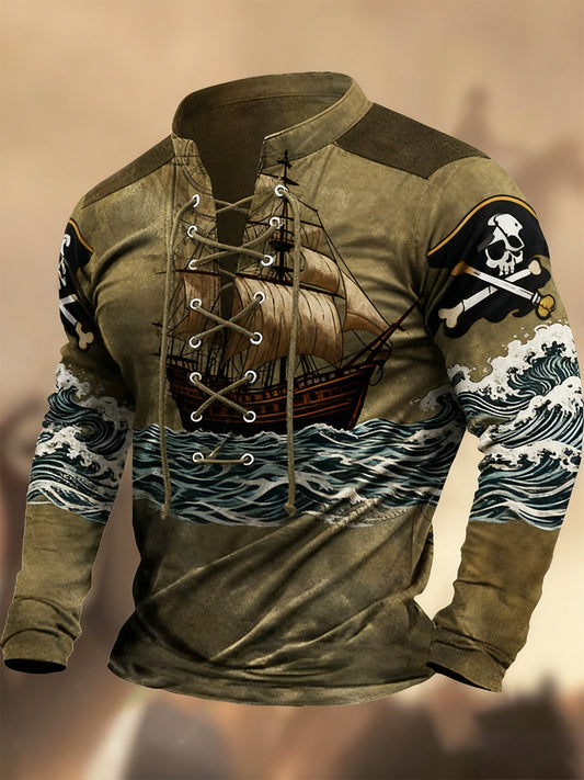 Vintage δυτική τέχνη εκτύπωση χώρα στυλ V-Neck Henley μακριά μανίκι πουκάμισα