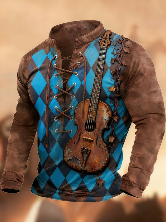 Vintage δυτική τέχνη εκτύπωση χώρα στυλ V-Neck Henley μακριά μανίκι πουκάμισα