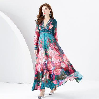 Κομψό λουλούδι τυπωμένο V-Neck Chic chiffon μακριά μανίκι πλήρη Hemline Maxi φόρεμας