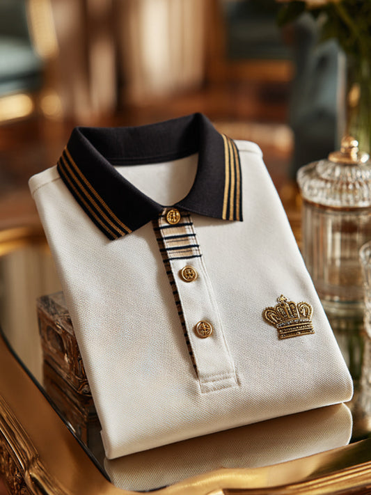 Retro Royal Crest Patchwork επιχειρηματικό μανίκι Polo πουκάμισο