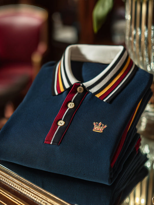 Retro Royal Stripe patchwork επιχειρηματικό μανίκι Polo πουκάμισα