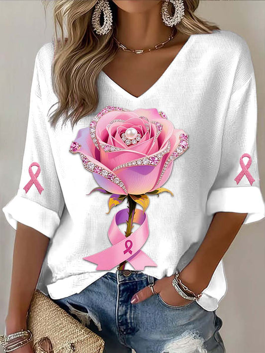 Vintage Rose Pearl Καρκίνο του μαστού εκτύπωση Casual βαμβάκι μακρύ μανίκι T-shirt