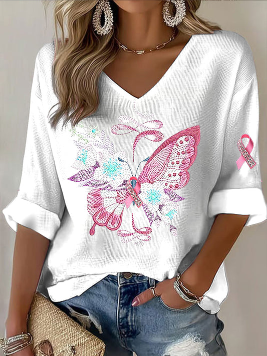 Γυναικεία Ροζ πεταλούδα περιστασιακό V-Neck Top V