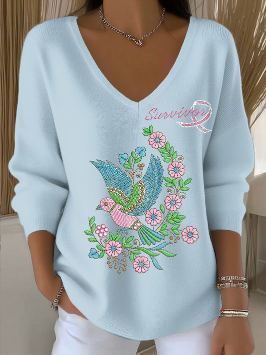Γυναικείο Vintage πουλιά και ανθοπωλεία τέχνης V-Neck κορυφαίο