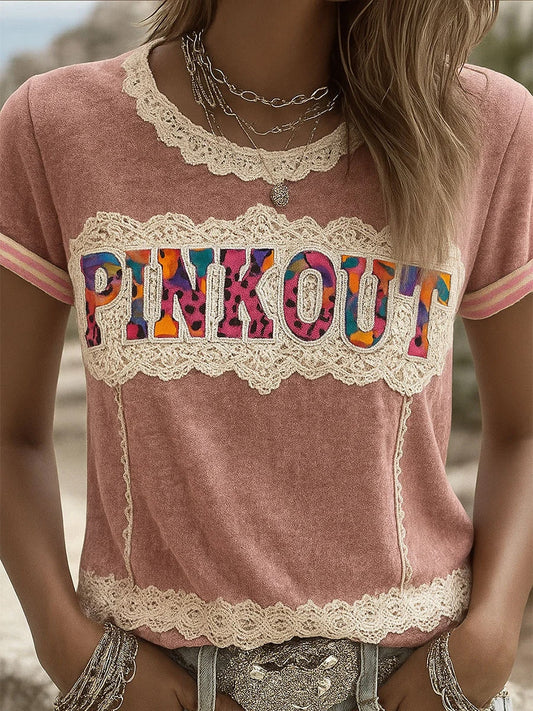 Γυναικείο Retro ροζ εκτύπωση άνετο Casual T-shirt