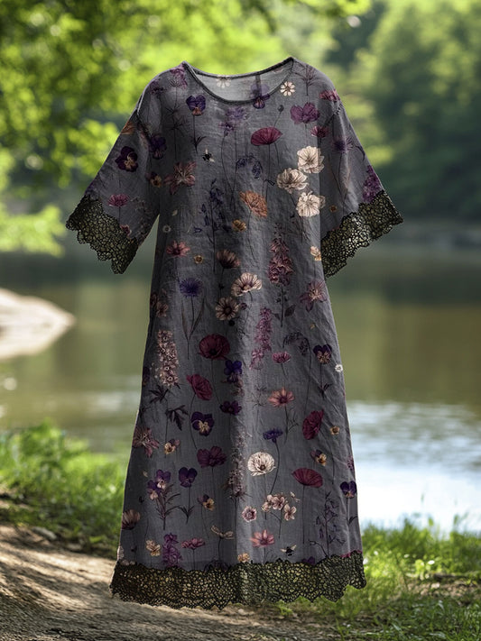 Γυναικείο Vintage Floral Τέχνη Εκτύπωση Casual βαμβάκι δαντέλα Midi φόρεμα