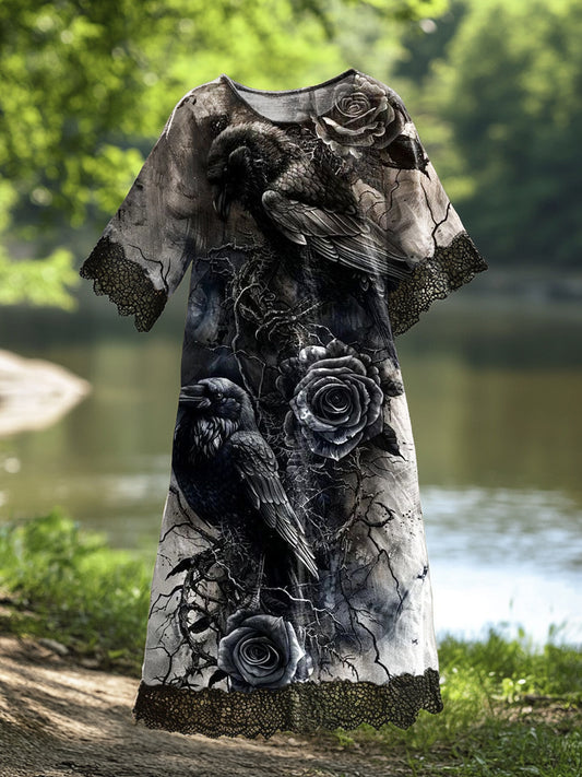 Γυναικείο Vintage Crow Τέχνη Εκτύπωση Casual βαμβάκι δαντέλα Midi φόρεμα