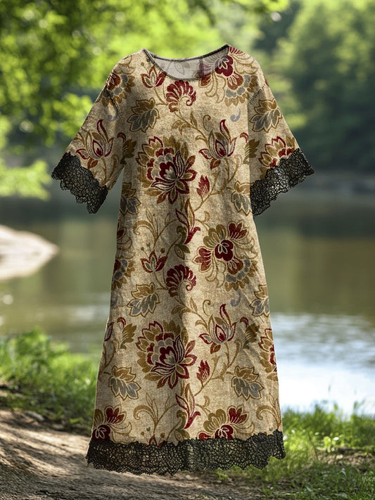 Γυναικείο Vintage Floral Τέχνη Εκτύπωση Casual βαμβάκι δαντέλα Midi φόρεμα