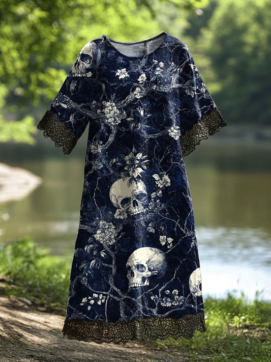 Γυναικείο Vintage Floral Skull Τέχνη Εκτύπωση Casual βαμβάκι δαντέλα