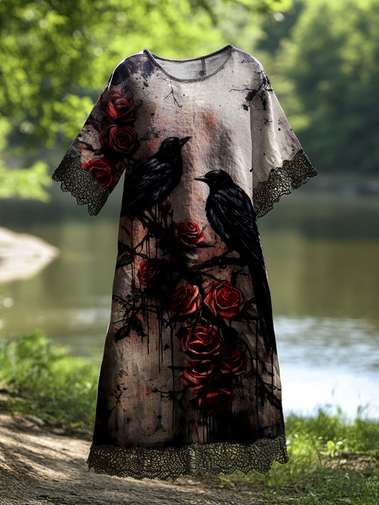 Γυναικείο Vintage Crow Τέχνη Εκτύπωση Casual βαμβάκι δαντέλα Midi φόρεμα