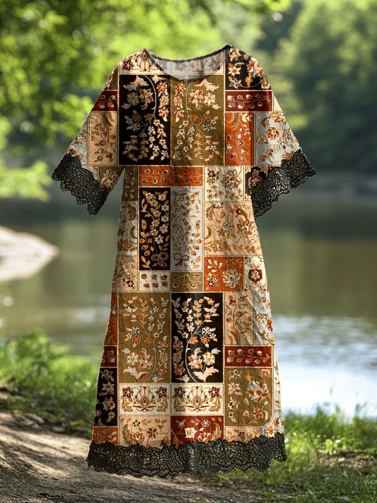 Γυναικείο Vintage Floral Τέχνη Εκτύπωση Casual βαμβάκι δαντέλα Midi φόρεμα