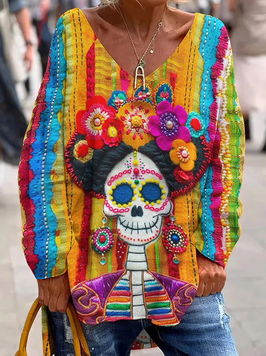 Vintage Μεξικανική Ημέρα της Νεκρής Τέχνης Εκτύπωση Casual V-Neck top.