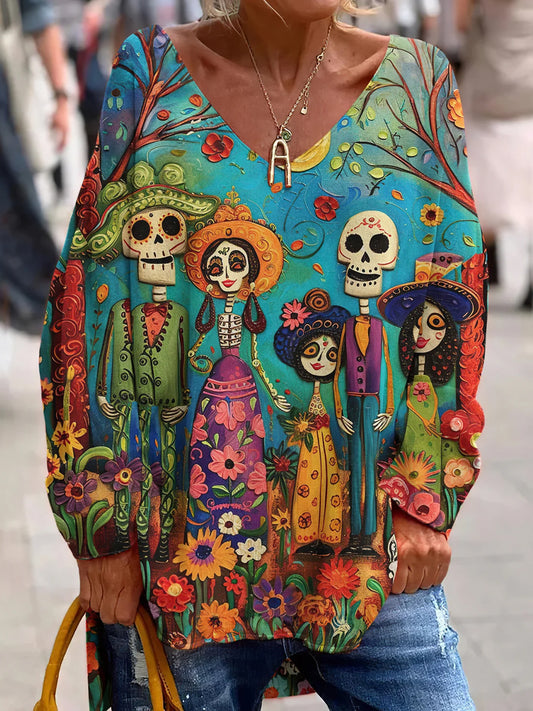 Vintage Μεξικανική Ημέρα της Νεκρής Τέχνης Εκτύπωση Casual V-Neck top.